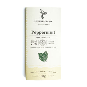 Hummingbird Chocolate Maker, Peppermint, 70% Cacao, dark chocolate, 60g bar.