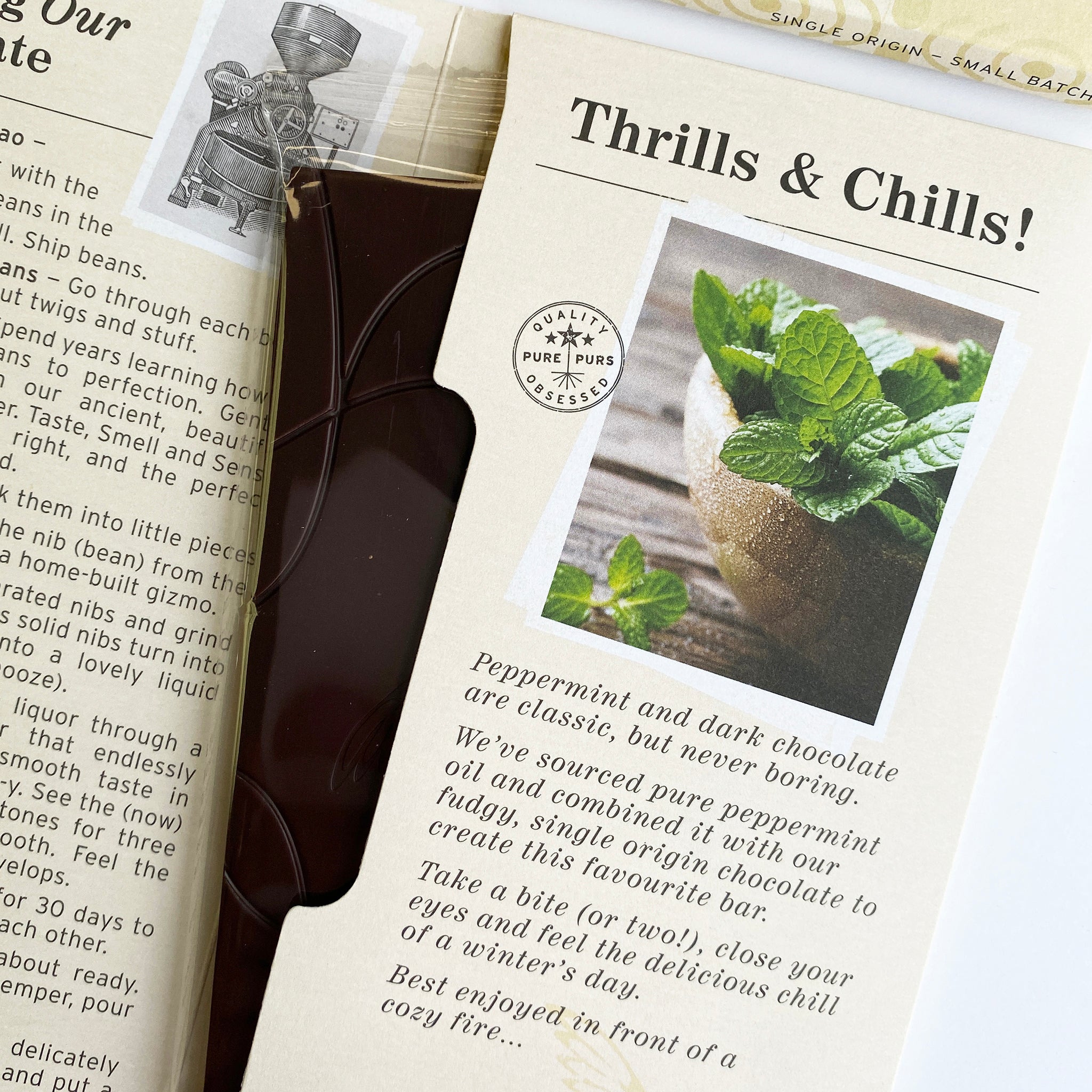 Opened peppermint chocolate bar, revealing story behind our delicious mint chocolate bar
