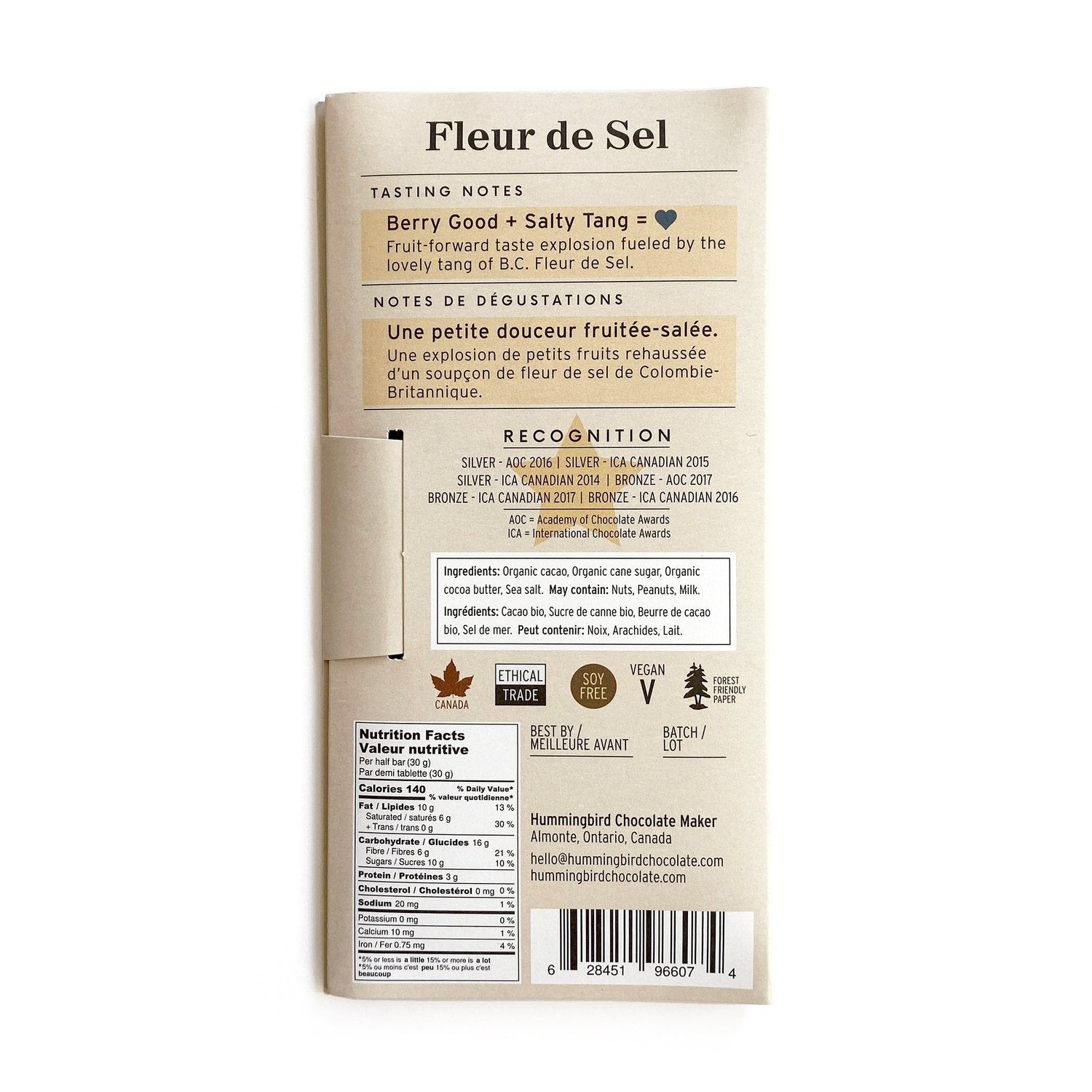 Back label for Fleur de Sel, displaying tasting notes, chocolate awards, ingredients and health facts. 