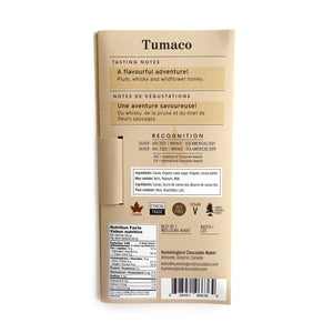 Back label of Tumaco chocolate bar, showing tasting notes, award winning chocolate, ingredients and nutritional information. 