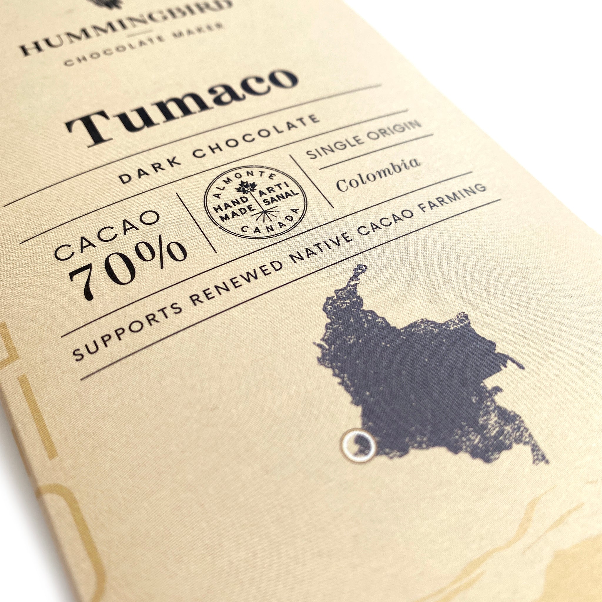 Tumaco dark chocolate bar, single origin chocolate made with Colombian cacao