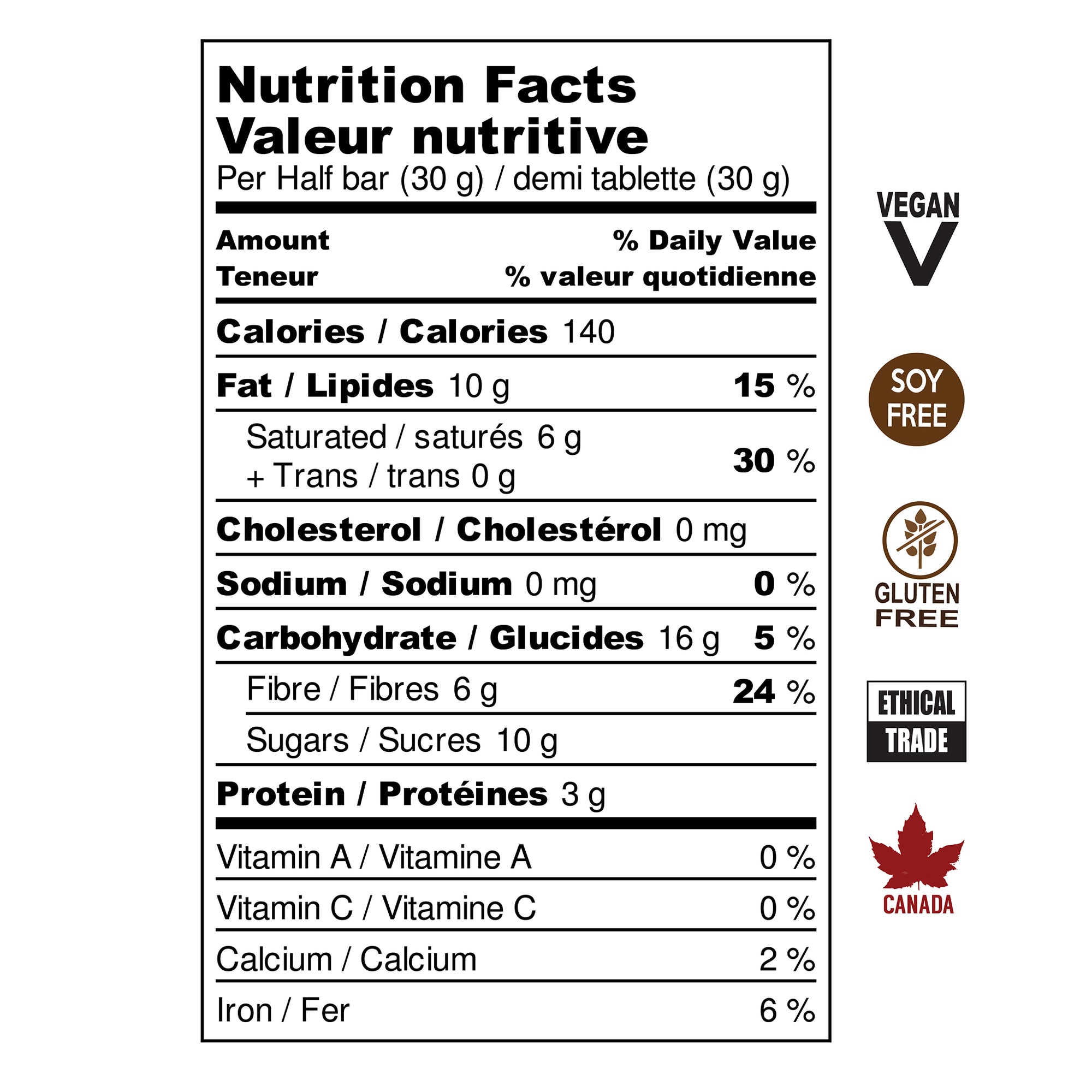 Tumaco 70% dark chocolate bar nutritional information. Vegan, Soy Free, Gluten Free, Ethical Trade, Made in Canada