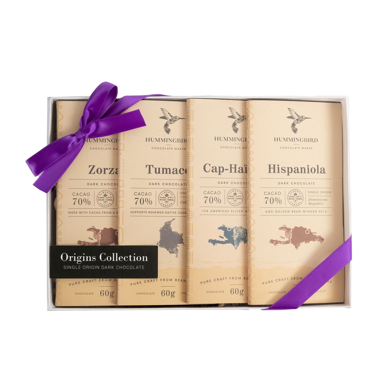 Hummingbird Chocolate, Origins Collection Gift Box - 4 of our handcrafted 70% dark chocolate 60g bars. Wrapped beautifully in a box with ribbon.