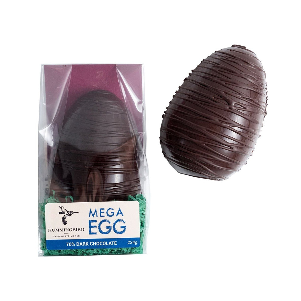 Large chocolate Easter egg, shown with and without packaging